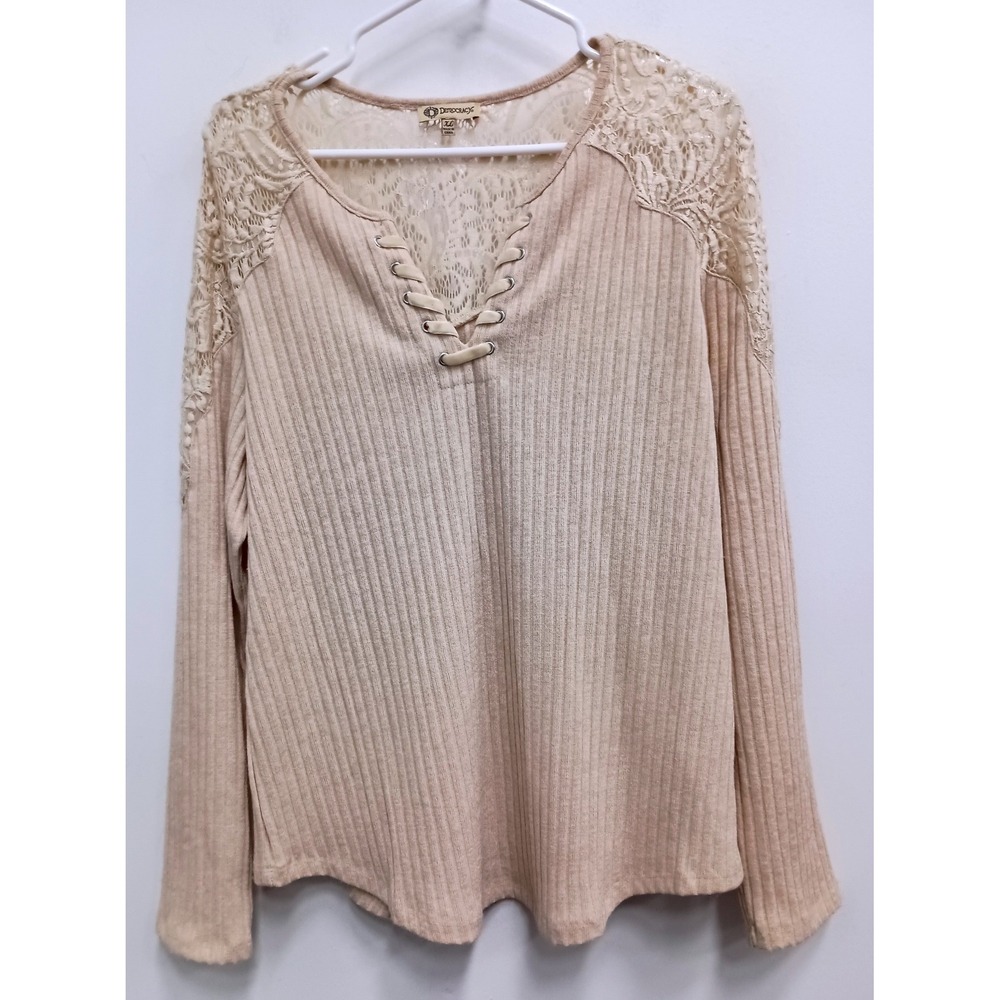 Democracy Long Sleeve Lace Shoulder Top Womens XL Beige Ribbed Lace Up BOHO